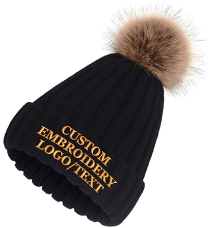 TOPTIE Anpassad broderad stickad mössa hatt fuskpäls pom pom vintermössa luddig fleecefodrad kabel, Svart, one size
