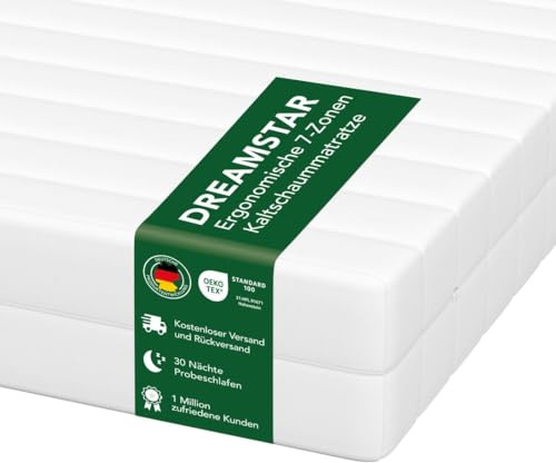 DREAMSTAR Simple Flex Duo 7-Zonen Matratze 90x200 cm | H2&H3 | Ergonomische Kaltschaummatratze | Hypoallergen & Antibakteriell | Bezug abnehmbar & waschbar | Öko-TEX® | (17cm, 90 x 200 cm)