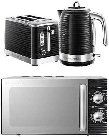 Russell Hobbs Inspire Black Kitchen Set, 1.7L 2400W Kettle, 2 Slice Toaster with Variable Browning Levels & 17L 700W Microwave with 5 Power Levels, Defrost & Reheat Functions INSPBNDL2B