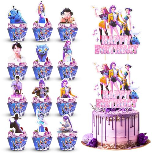 Dncvb 49 Stück Tortendeko Mädchen, 25 Cake Topper + 24 Cupcake Toppers Wrappers, Kuchen Deko Geburtstag, Geburtstagstorte Deko, Happy Birthday Topper für Geburtstag Party