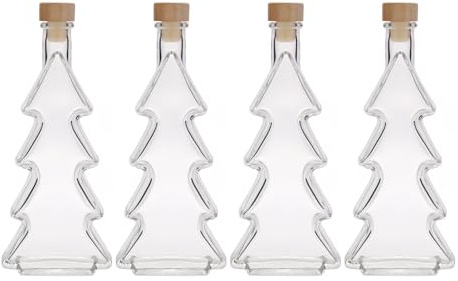 Flaschenland 4 Glasflaschen 500 ml in Tannenbaum-Optik inklusive Korkverschlüsse, ideal für Weihnachten als Likörflasche, Geschenkeflasche oder zum Befüllen mit Öl, Saft oder anderen Getränken
