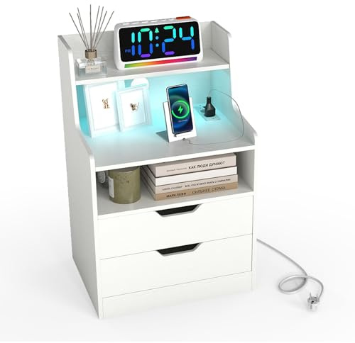 COSTWAY Table de Chevet avec Prise Intégrée, Table de Nuit LED, 2 Prises, Port USB, Type-C, 2 Tiroirs, Étagère Ouverte, Chevet de Lit Moderne pour Salon, Chambre, Blanc/Noir (1,Blanc)
