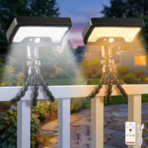 INDARUN Flexible Octopus Solar Lights Outdoor, Solar & USB Dual Charge Motion Sensor Light with Remote, 92 LED Tri-Colour Security Light for Shed, Tree, Parasol, Camping, Caravan Awning, 2 Pack