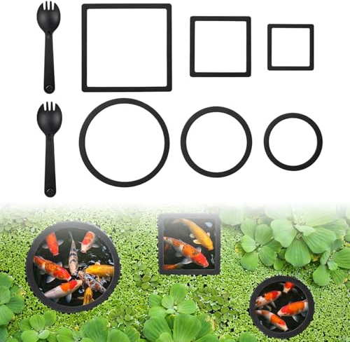 6 Pcs Aquarium Floating Plant Corral, Round & Square Fish Feeding Rings, EVA Fish Tank Accessories for Betta and Small Fishs, Floating Plant Barrier & Feeder Set with 2 Feeding Forks (Black)
