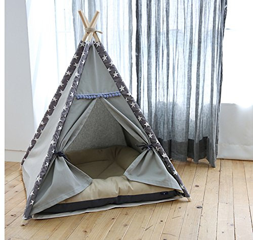 Lily&her friends-Haustier-Tipi,Baumwoll-Leinen-Zelt für Hunde (Welpen) und Katzen,waschbares,Wigwam,tragbare Hundezelte,Haustierhäuser von indischem Design mit dickem Kissen(grau,kleine Sterne,mittel)