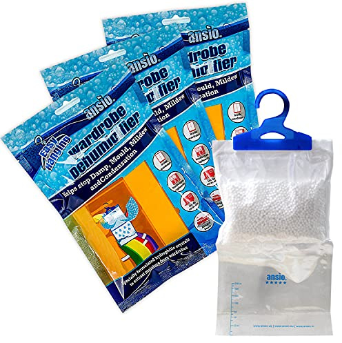 ANSIO Hanging Interior Wardrobe Dehumidifier Bags, Trap, Condensation, Dehumidifiers for Damp, Mould, Bedroom, Caravan, Bathroom, Basement, Office – 210g Each (Pack of 3)