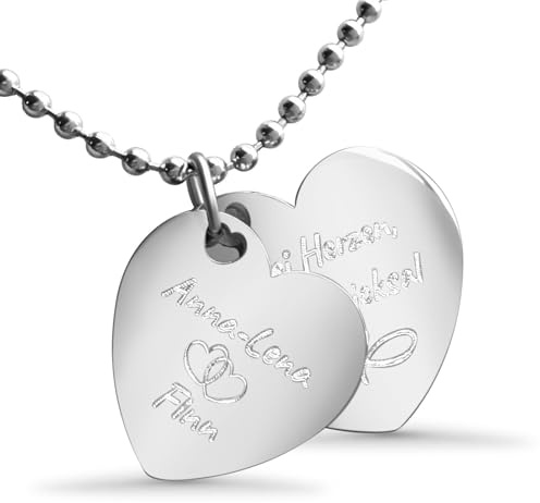 Hanessa Personalisierte Kette mit Gravur Edelstahl 60 cm mit Anhänger Herz bzw. 2 Herzen in silber - Personalisierte Halskette für Frauen - Personalisierter Schmuck Damen Kettenanhänger