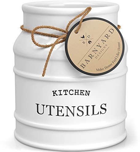 Barnyard Designs Ceramic Farmhouse Utensil Holder for Kitchen Counter, Large Rustic Utensil Crock, Countertop Cooking Tool Spatula Organizer, 6.75” (White)