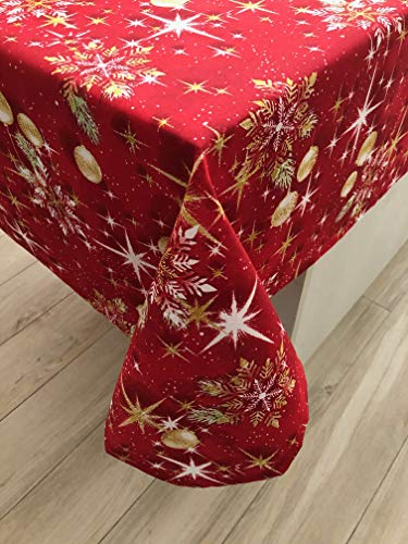 1KDreams Weihnachtstischdecke aus Baumwolle, Elegantes und modernes Design, roter Hintergrund, Shabby Chic im modernen Schlüssel. (130x180 cm)