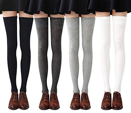 Chalier 4 Pairs Women's Knee High Socks Over Knee Socks Thigh High Long Socks for Girls, Stretchy Striped Lady Stockings