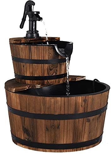 GOPLUS Fontaine à Eau à 2 Couches en Sapin Carbonisé, Écoulement d’Eau Ajustable, Fontaine Extérieure avec Pompe Manuelle Décorative, Idéal pour Jardin ou Cour, Marron Foncé
