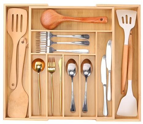 Walgreen® Bamboo Expandable Cutlery Tray Organiser Holds Silverware Kitchen Utensils Holder For Kitchen Cutlery Tray Accessories Drawer Organiser