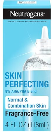 Neutrogena Skin Perfecting Daily Liquid Facial Exfoliant with 9% AHA/PHA Blend for Normal & Combination Skin, Smoothing & Brightening Leave-On Exfoliator, Oil- & Fragrance-Free, 4 fl. oz