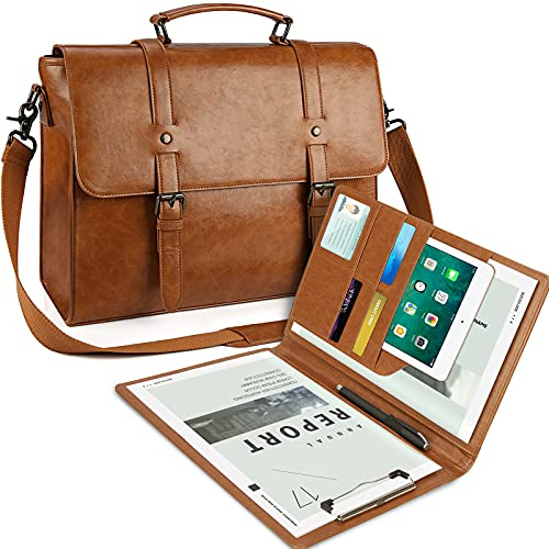 Lubardy Umhängetaschen herren Aktentasche Laptoptasche 15.6 Zoll Wasserdichte Messenger Bag Vintage Ledertasche Männer für Geschäft Arbeit Schule (Braun+A4 Clipboard)