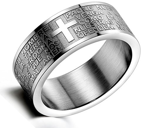 Flongo Kreuz Bibel Herren Ring: Spanische Bibel Gravur Amulett Schutz Christlich Religiös Daumenring Silber Ton Verlobung Bandring Siegelring Spanisch Bibel Kreuz Rosenkranz Ringgröße 66