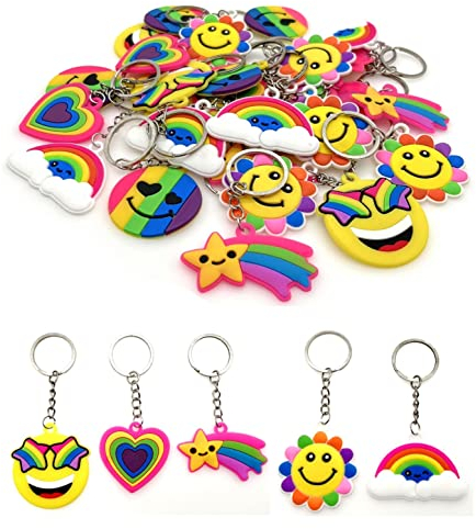 JZK 30 x Gommi Portachiavi Arcobaleno set Silicone faccia sorridente Porta Chiavi Bambini bomboniera pensierino omaggi regalino Gadget Ringraziamento Dopo Festa Compleanno Bambina Bambino