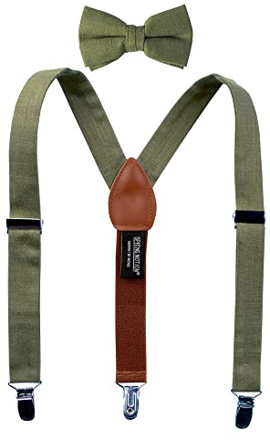 Spring Notion Boys' Linen Blend Suspenders and Bow Tie Set for Kids Toddlers Infants Ringbearers Rustic, Olive Small