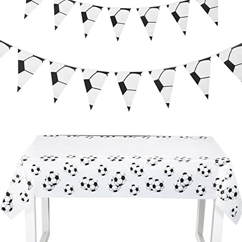 2 Stück Tischabdeckung Ammer Banner Set Rechteckig Fußball Tischdecke Stilvolle Fußball Wimpelkette Fußball Party Dekoration für 2022 Fußball Geburtstag, Weiß und Schwarz