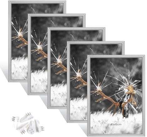 Dmyifan 5er Bilderrahmen 10×15 cm Silber Set, Fotorahmen mit Plexiglas, Hoch- und quer aufhängbarer Rahmen für Fotos. Portraits | Picture Frame
