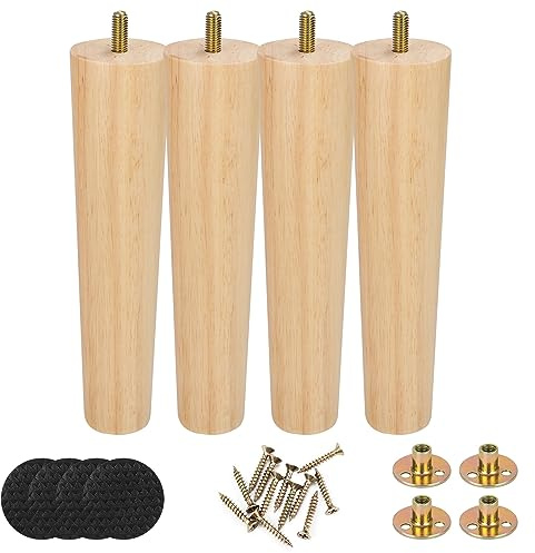 VIDETOL 4 Pcs 20cm Wooden Furniture Legs, Natural Solid Wood Sofa Legs, Sofa Replacement Feet with Mounting Plate & Screws for Cabinet, Bed, Chair, Sofa, Dresser Table and TV Stand