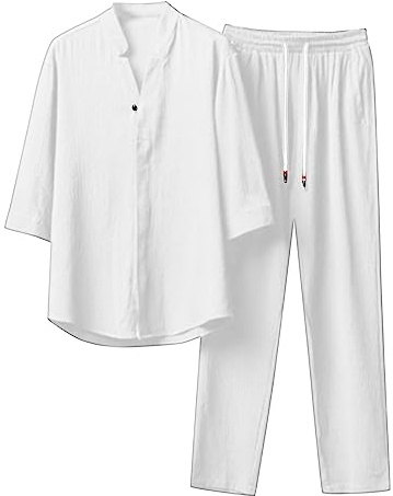 Ensemble coordonné pour homme Duohropke en lin d'été - Costume décontracté 2 pièces - Chemise à manches courtes avec col montant et boutonnage et pantalon en lin - Ensemble pour la plage et les