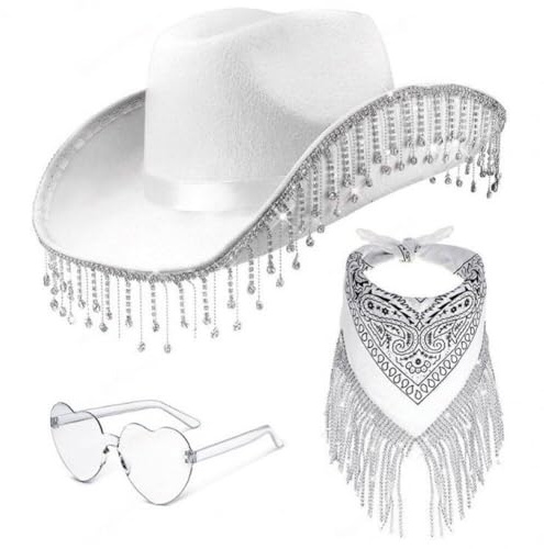 Casiler Frauen Cowboy-Hut Bandana Und Herzförmiger Sonnenbrille, Cowgirl-Hut -randbrand-krempe Cowgirl Hut (weiß)