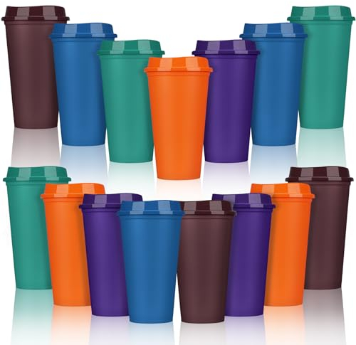 Domensi 15 Pack Reusable Coffee Cups with Lids 16 oz Disposable Travel Cups Bulk Plastic to Go Coffee Tumblers for DIY Hot Cold Drink Party Favors Coworker, Microwaveable (Colorful)