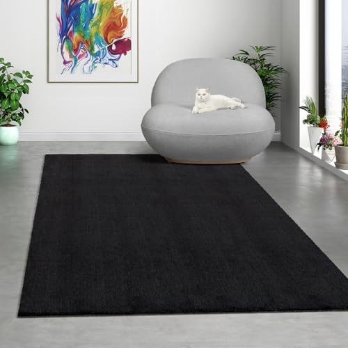 Mia's Teppiche Comfort Tappeto moderno a pelo corto, lato inferiore antiscivolo, lavabile fino a 30 gradi, morbidissimo, effetto pelliccia, Nero, 160 x 220 cm