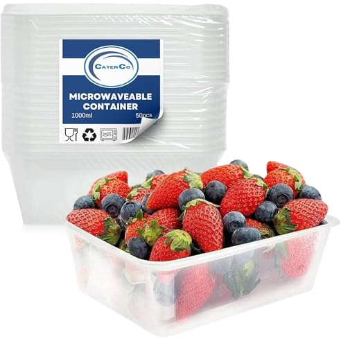 CaterCo Clear Rectangular Plastic Food Containers With Lids - Reusable, Microwave & Freezer Safe, Airtight, Recyclable, BPA-Free, Stackable Container for Meal Prep - Set of 50-1000ml