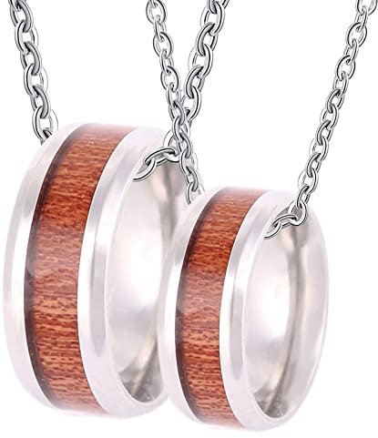 Gualiy Partner Halsketten für Sie und Ihn mit Gravur, Pärchen Wolfram Kette 8mm Silber Ring Einlegen Holz Paar Anhänger Damen 52 + Herren 67