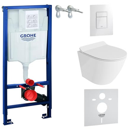 LAVITA Elemento da parete Solido + parete sospesa WC Sogo Slim bianco senza bordi e sedile WC SoftClose | pulsante bianco lucido | set completo | cassetta di risciacquo da incasso | WC completo |