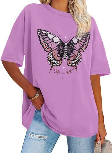 Gosunny Tshirt Damen Sommer Tops Kurzarm Oversize Bluse Rundhals Casual Oberteil（Lila Schmetterling，XL
