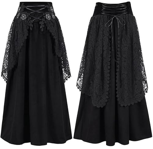 Gonna in pizzo gotico in velluto a rete da donna rinascimentale gonne a vita alta costume di Halloween, Nero , L