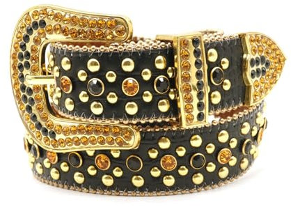 JIARY Strass-Gürtel Für Damen Und Herren,Punk Nietengürtel Goldene Dornschließe Gürtel,Breiter Nietengürtel Im Vintage-Look,Cowboy-Cowgirl-Gürtel,Schwarz,125CM/49.2''