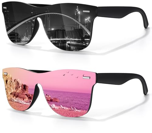 LINVO Solglasögon, män, kvinnor, polariserade, klassiska, speglade, moderiktiga, UV400 skydd, unisex glasögon för bilkörning, resor, (2-pack) Svart | Grå + svart | rosa, Medium