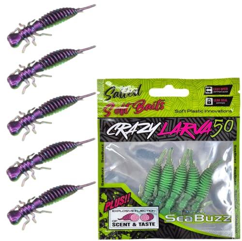 SEABUZZ Gummifische Angelköder Set Larva 5 STK x 50mm Forelle Gummiköder | Hecht & Zander - Wels & Barsch Kunstköder - Raubfisch Angelnset - Süß- und Salzwasser Angelausrüstung