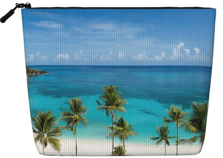 EZDLOWVBA Beach and Palm Tree Print Beach and Palm Tree Print Fake Hemp Makeup Bag â€“ Travel, and Daily Storage Essential â€“ Reusable Cosmetic Bag, Zipper Pouch, Make-Up Tool