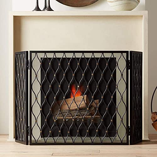 VNNHGB Kamingitter, Kamin-Funkenschutz, 3-teiliger Bogen-Kamingitter, schmiedeeiserner Faltbarer Funkenschutz, Gitter, kindersicher, für Herd, Gasfeuer, Holzverbrennung,