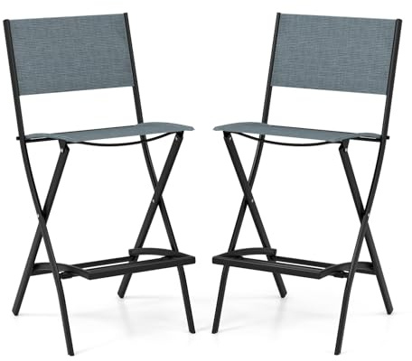COSTWAY Set med 2 barstolar utomhus, fällbara barstolar med ryggstöd och fotstöd, diskpall kan belastas upp till 150 kg, sitthöjd 71 cm, trädgårdsstolar för balkong, trädgård och poolområde, blå