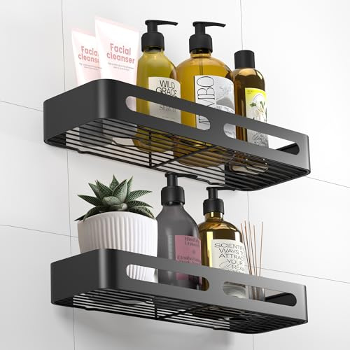 MEIJO Duschablage ohne Bohren Badezimmer Organizer, 2 Stück Duschregal ohne Bohren Edelstahl Badregal Shampoo Halterung für Duschel Duschhalterung Ohne Bohren Selbstklebend Duschkorb Schwarz