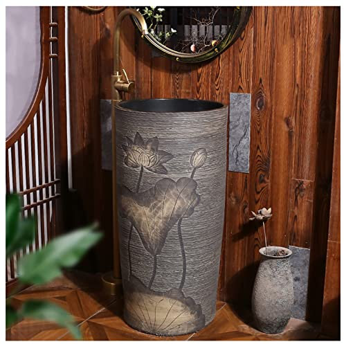 GLJTUO Pedestal Sink Handcrafted Ceramic wash Basin Pedestal washbasin Kaolin Clay Round Freestanding Sink with Drain & Faucet for Indoor and Outdoor,G, (H With mirror)