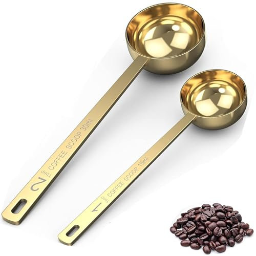 tiokin 2 unidades de 1 y 2 cucharadas de 15 ml y 30 ml de café con mango largo, cucharadas de acero inoxidable, cucharas medidoras de 1 cucharada y 2 cucharadas para café molido, té suelto, caldo de