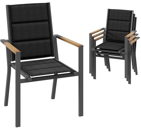 Devoko Gartenstuhl Set 4, Stapelbare Aluminium Esszimmerstühle, Maximale Belastung 160kg, Balkonstühle, Für Garten, Pool, Terrasse, Esszimmer, Gartenmöbel, Dunkelgrau & Holz