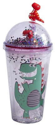 SHAKE CUP DINO - Gobelet réutilisable avec couvercle et paille - Double paroi - Bouchon à vis hermétique - Pour eau minérale, fruits et jus. En verre, tasse. Un cadeau pour tous les enfants.