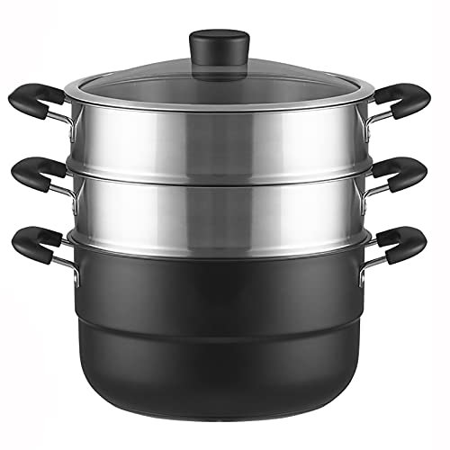 ERSINIAN 3-stufiger Dampfgarer mit Deckel aus gehärtetem Glas, Suppentopf aus Edelstahl zum Kochen, Topfset-Kochgeschirr, Herddampfgarer, geeignet für Induktionsherd und Gasherd/Silber, Schwarz/26 cm