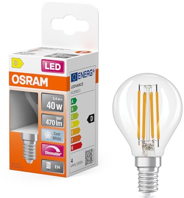 OSRAM Lámpara LED Superstar P40 Globo Filamento DIM 3.4W E14 | LED Superstar Classic P 40 Filament DIM, LED Lamps, Claro, 45 mm dia, 15000 h, Paquete de 1