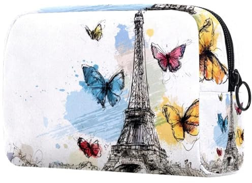 Trousse per cosmetici da donna, con disegno di farfalla e torre Eiffer, borsa da viaggio per articoli da toeletta grande, pratica borsa organizer con cerniera