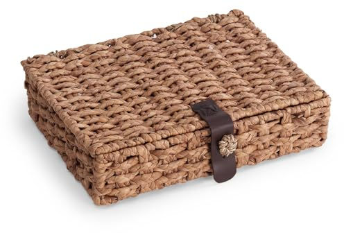 Decorative Box with Lid, Wicker Storage Basket, Water Hyacinth Woven Decorative box for Shelf, Coffee Table, Console Table, Home Decor (Large)