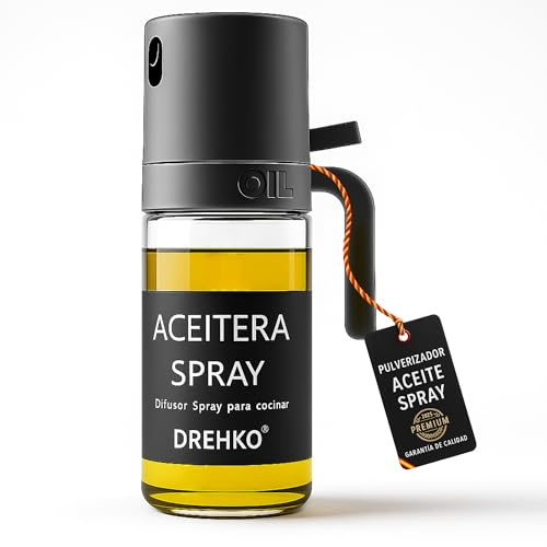 DREHKO® SÚPER Pulverizador Aceite Spray PREMIUM 250 ml – Dispensador de Aceite Cocina y Freidora de Aire, Aceitera Spray Antigoteo Botella de Vidrio, Reutilizable, Libre de BPA, Barbacoa (1) (1)