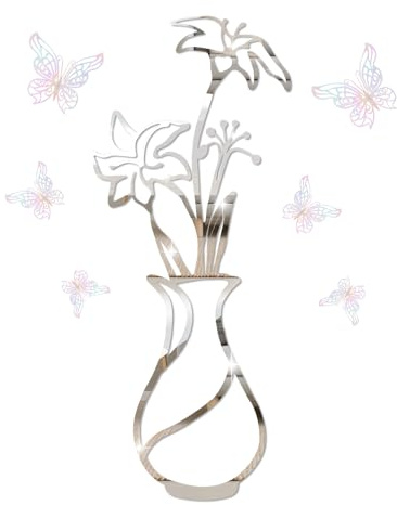 Acrylic 3D Flower Mirror Wall Stickers, Wall Decoration for Living Room Silver Wall Art with 3D Butterflies, Wall Decals Mural for Bedroom, Home Decor, TV Background and Sofa Backdrop (39.4 * 19.7in)
